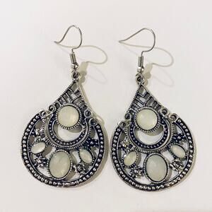 Silver Boho White Stones Drop Earrings
